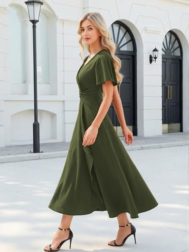 Image of QMZ Wedding Guest Dresses for Women V Neck Cocktail Dress Ruffle Sleeve A Line Evening Party Formal Dresses for Women