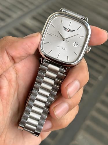 Image of Minimalist Men's Square Dial Watch with Date | Comfortable Stainless Steel Quartz Analog Wristwatch | Casual & Formal Timepiece