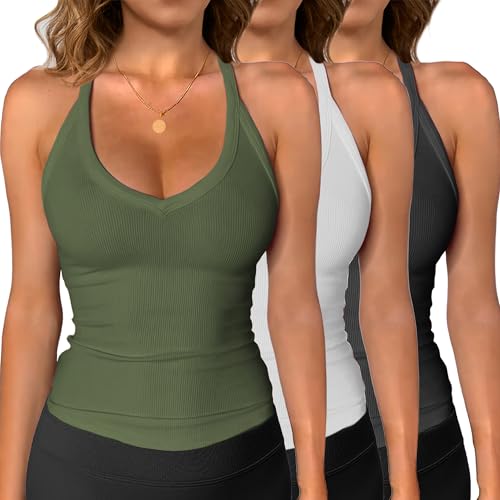 iGENJUN 3 Pack Workout Tops for Women Racerback Basic Tank Summer 2025 Camisole V Neck Slim Fit Ribbed Sleeveless