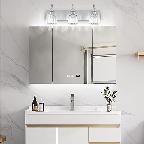 Image of Ralbay Crystal Vanity Light - 3 Light, 24'' Modern Silver Bathroom Vanity Light Fixtures Over Mirror Wall Lights