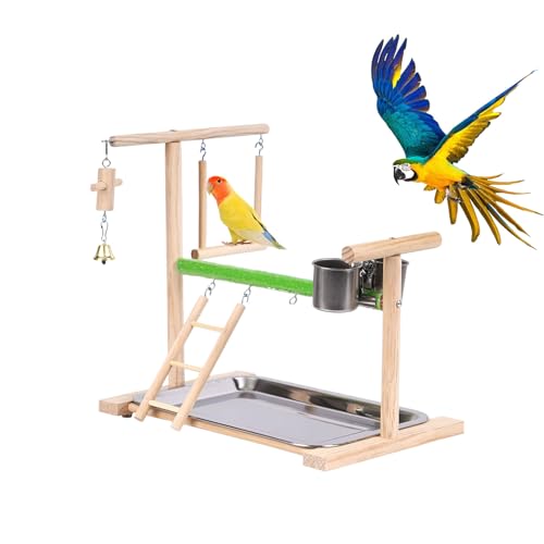 Image of Bird Playground, Natural Wood Bird Perch Stand with Removable Tray and 2 Stainless Steel Feeder Cups, Parrot Playstand Bird Cage Toys for Conure Parakeet Cockatiel Parrot (C)