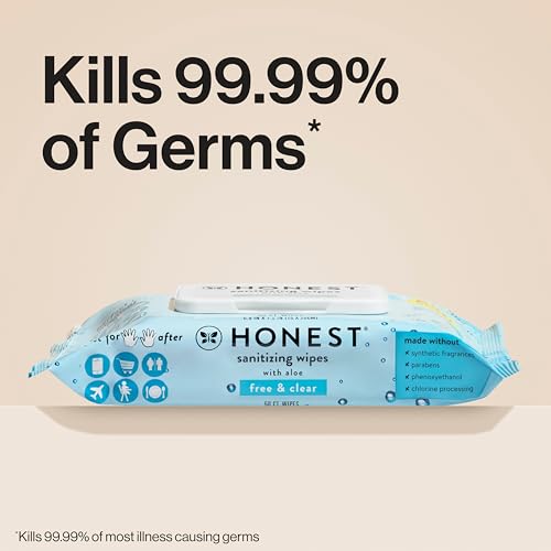 The Honest Company Fragrance-Free Sanitizing Alcohol Wipes, Antibacterial Safe for Hands, Kills 99% of Germs, Made With Aloe, 50 Count (1 Pack)