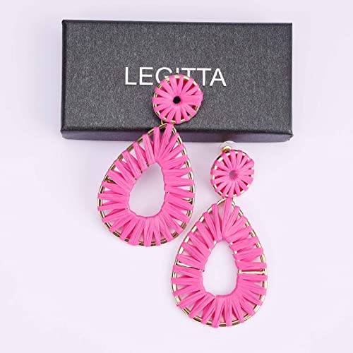 Legitta Raffia Teardrop Dangle Earrings Hot Pink Bohemian Tassel Fringe Rattan Hoop Statement Drop Earrings For Women Girls #TOP4
