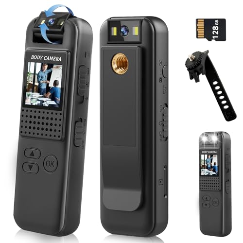 Bodycam, cámara corporal con grabación de audio y vídeo con tarjeta de memoria de 128 GB, gran angular 1080P con clip posterior, detección de movimiento de visión nocturna para grabación diaria
