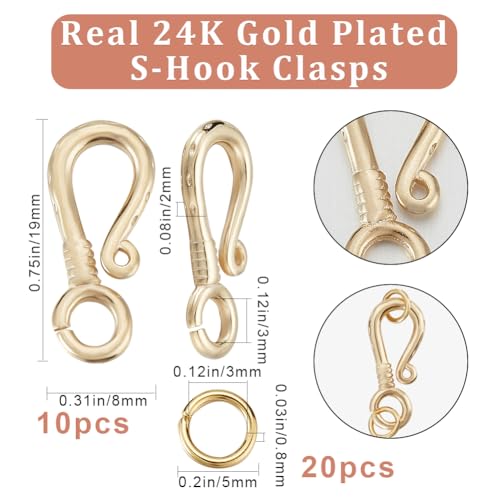 Beebeecraft 1 Box 10Pcs S Hook Clasps 24K Gold Plated Hook Ring Toggle Clasps Connectors with 20Pcs Open Jump Rings Wire Hanger Jewelry Findings for DIY Necklace Bracelet Making