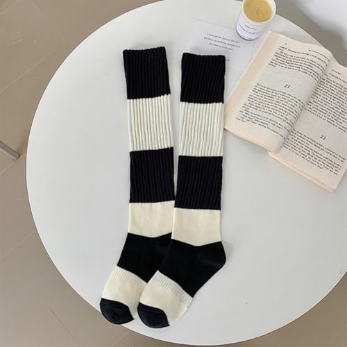 Striped Knee High Socks for Women Teen Girls Black And White Cotton Long Tube Sock Stripes3