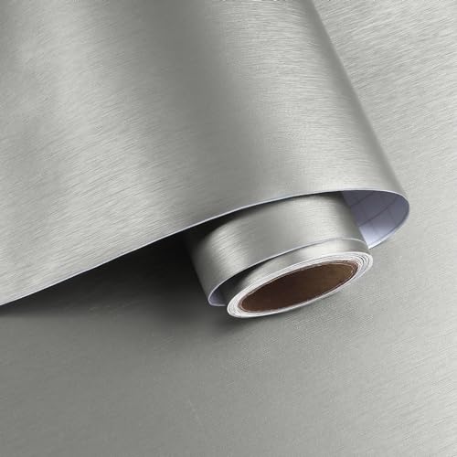 VaryPaper Peel and Stick Silver Grey Wallpaper 40cmx200cm Stainless Steel Contact Paper for Kitchen Countertops Sticky Back Plastic Metallic Washable Kitchen Wallpaper Dishwasher Fridge Stickers