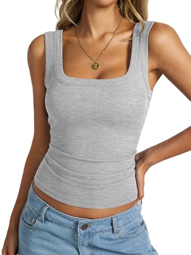 EasyGala Womens Cotton Ribbed Square Neck Tank Tops Basic Backless Camisole Sleeveless Slim Fit Wide Shoulder Strap Summer Clothes 2025 Grey Medium