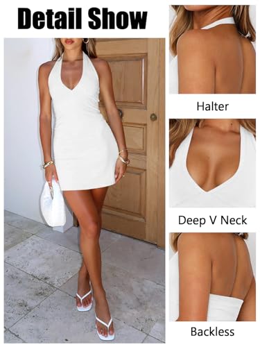 Image of Women's Summer Sexy Halter V Neck Mini Dress for Women Slim Fit Club Party Going Out Bodycon Short Dresses