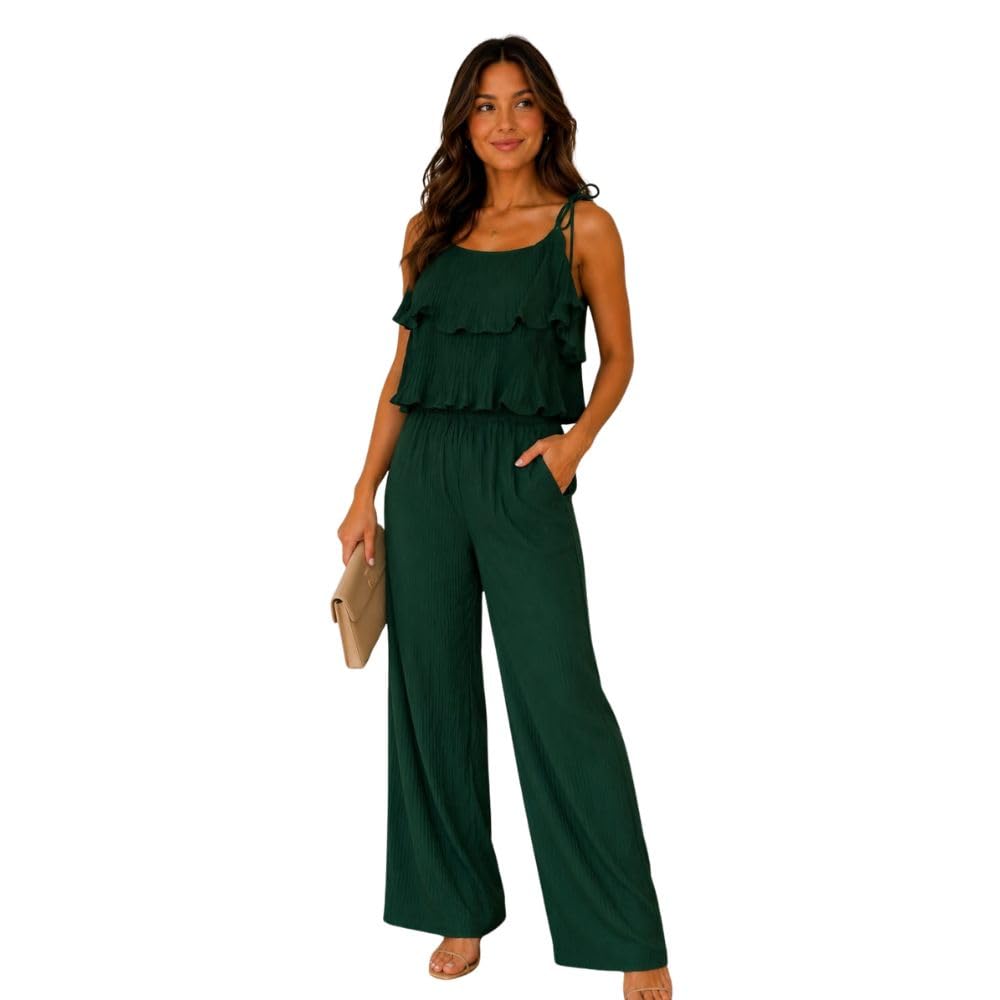 neo clothing Women's Ruffle Spaghetti Strap Jumpsuit for Women | Dark Green Sleeveless One Piece Outfit | Stylish Casual-picture-12