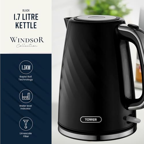 Image of Tower Premium Windsor Electric Kettle 1.7L, 1350W | Strix Contoller, Rapid Boil in 45 Seconds, Auto Shut-Off, Boil-Dry Protection, 360 Power Base, Water Level Indicator, 2.5 Year Warranty (Black).
