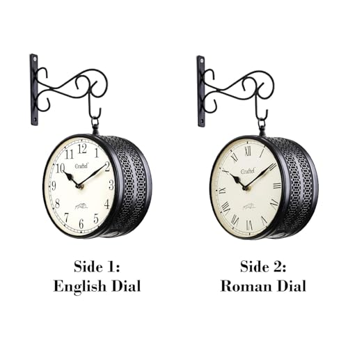 Image of CRAFTEL Double Sided Station Wall Clock Powder Coated Finish | English Roman Numerals | Aluminum Matte-Finish Dial Brass Body | Dial - 8 Inches, Matte Black | 365 Days Warranty