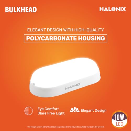 Halonix Polycarbonate 10W Wall Lamp LED Oval Shape Outdoor Bulkhead|Outdoor Light Waterproof IP65|Waterproof Porch Light for Outdoor Garden Bathroom Light (Cool White, Pack of 1)