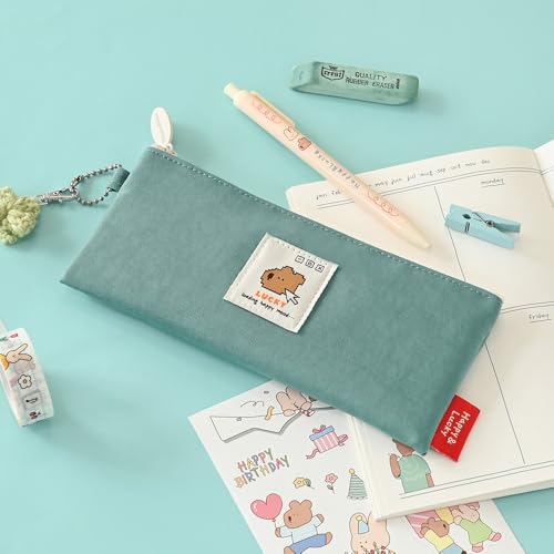 Image of Monolike Happy and Lucky Daily pen case, Mint - Slim Water-Resistant Nylon Pen Pouch, Aesthetic Vivid Stationery Organizer for Office