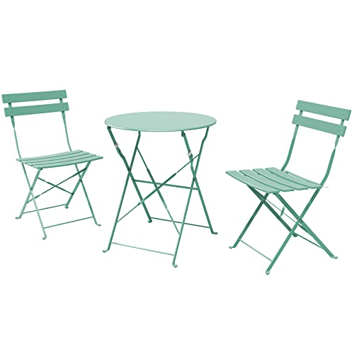 Grand patio Ensemble bistrot pliable en métal 3 pièces, 2 chaises et 1 table, résistant aux intempéries, pour intérieur/extérieur, terrasse, cour, jardin - Bleu macaron Cover