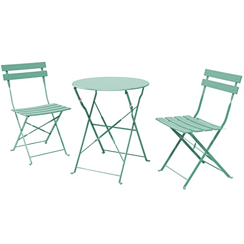 Grand patio 3pc Metal Folding Bistro Set, 2 Chairs and 1 Table, Weather-Resistant Outdoor/Indoor Conversation Set for Patio, Yard, Garden-Macaron Blue