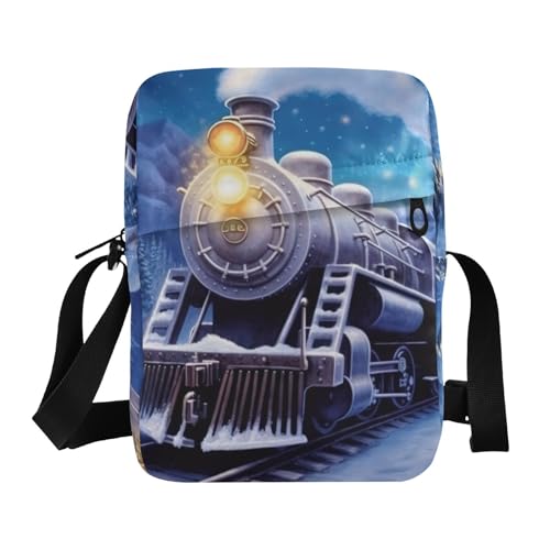 Crossbody Bag Winter Train Print, Multiple Pockets Zipper Closure Messenger Bags Pouch with Phone Card Passport Compartment 6.6×9.4×2.5 IN