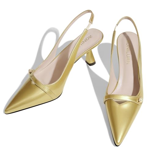 Image of Women Kitten Heels Slingback Low Heel Pumps Dress Shoes for Women Closed Pointed Toe Pearl Heels for Work Wedding Bridal