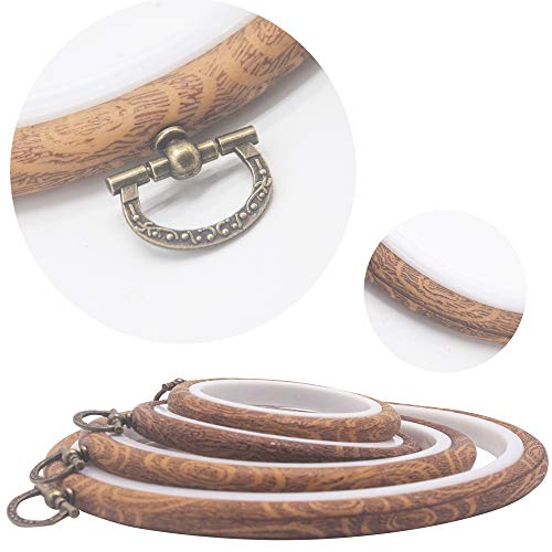 Image of 4 Pieces Embroidery Hoop Ring Plastic Cross Stitch Hoops Set Imitated Wood Display Frame Circle and Oval Embroidery Kits for Art Craft Sewing and Hanging,With 16pcs Gold Eye Sewing Needles