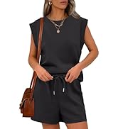 ANRABESS Two Piece Sets for Women Crewneck Cap Sleeve Sweatsuit Drawstring Short Lounge Sets Casu...