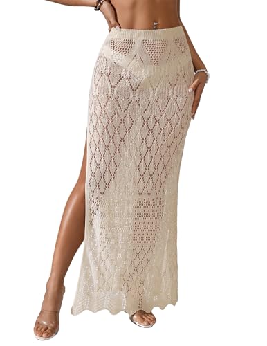Womens Crochet Knit Elastic Waist Beach Dress 2025 Summer Outfits Side Slit Bathing Suit Cover Up Maxi Skirt
