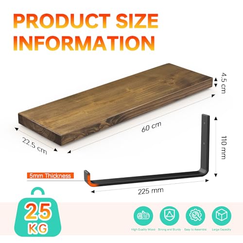 Handcrafted Rustic Heavy Duty Wooden Shelves Wall-Mounted Floating Shelves with Seated Black L Brackets-Dark Brown(60x22.5x4.5cm,Rustic Pine)