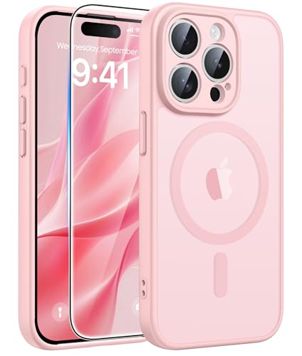 FNTCASE for iPhone 15 Pro Case: [Compatible with Magsafe] Translucent Matte Cases with [Full Camera Protection] [Screen Protector] Military Grade Shockproof Protective Phone Cover - Light Pink