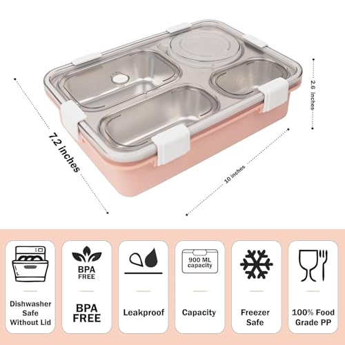 Image of Storescent Lunch Box with Compartment, Leak-Proof BPA Free Stainless Steel for School, Lunch Box for School & Office with a Fork, a Spoon and a Pair of Chopsticks (Pink, 4 Compartment)