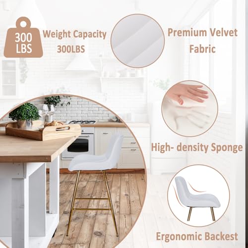 Image of Sidanli Gold Barstools Set of 2, White Bar Stools with Gold Legs, Velvet Stools for Kitchen Island, 24inch Luxury Barstools with Adjustable Footrests