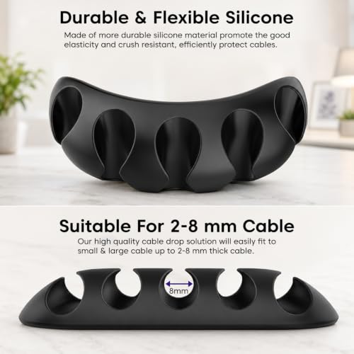 Image of Sounce Cable Organizer Clips, Self-Adhesive Silicone Cord Holder & Wire Manager for Desk, TV, PC, Car, Home, Office | Cable Management Hooks (Set of 10, Black)