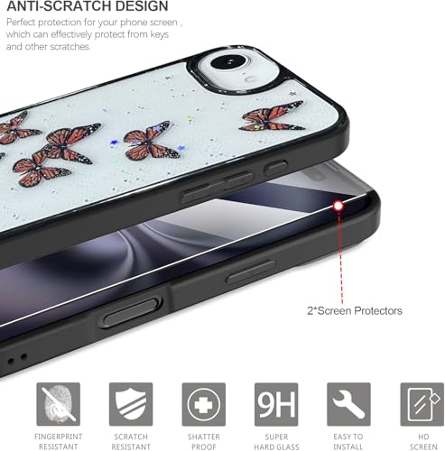 Image of VONZEE Clear Glitter Butterfly Case for iPhone 16e / 17e | Cute Bling Sparkle Transparent Soft TPU Bumper | Shockproof Slim Protective Back Cover for Girls & Women (Black)