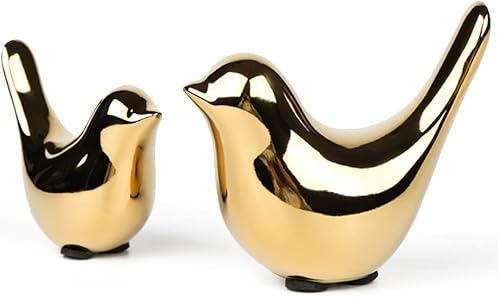 Estatuas de animales pequeños Decoración de cerámica para el hogar, pájaros dorados, estatuilla de jardín, cabaña decorativa, 2 piezas