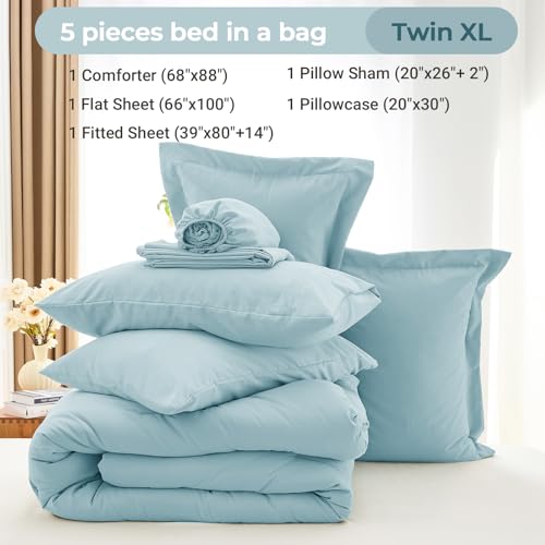 MUXHOMO 5 Pieces Twin XL Comforter Set, Soft Bed in a Bag Twin XL Size, All Season Bedding Set with Comforter, Flat Sheet, Fitted Sheet, Pillowcases & Shams, Lake Blue