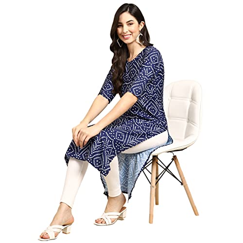 Image of Pinkmint Women's Crepe Blue Color Bandhani Printed Straight Kurti (R-530366 L )