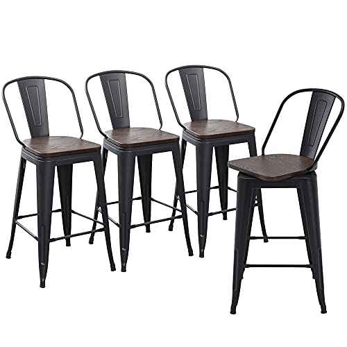 Apeaka 24" Swivel Metal Bar Stools Set Of 4 High Back Counter Height Bar Chair Industrial Barstools With Wooden Seat Matte Black #TOP2