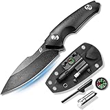 Emojoy Fixed Blade Knife with Sheath, Black Stonewash Blade 4.33' Camping Knife with G10 Handle & Hidden Tool, Full Tang Survival Knife for Camping, Bushcraft - Includes Compass, Whistle and Sheath
