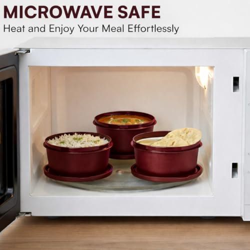 Image of PRESCO Stainless Steel Teso Container Set | Microwave Safe and Dishwasher Safe Food Storage Bowls with Airtight Lids | Leak-Resistant Lunch Bowls (Set of 3) (Mehroon)