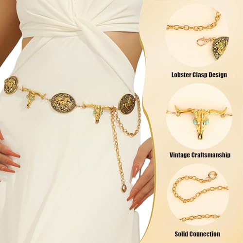 Fold Belts for Women, Adjustable Boho Retro Chain Belt, Metal Waist Chain Belt for Dresses Jeans Western Cowgirl3