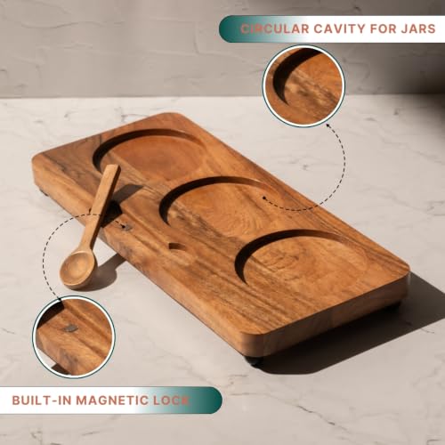 Image of Savor Storage Jar Set - Glass & Acacia Wood with Tray - Multipurpose Storage for Kitchen & Decor (Set of 3)