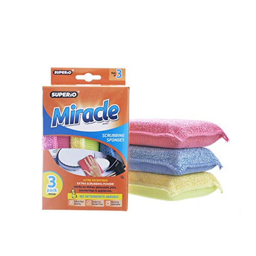 Miracle Microfiber scrubbing Sponges Non-Scratch Sponge Scrubber Heavy Duty Multi-Purpose Cleaning of Dishes, Kitchen, Baths, and Countertops, Machine Washable, 3 Pack, by Superio