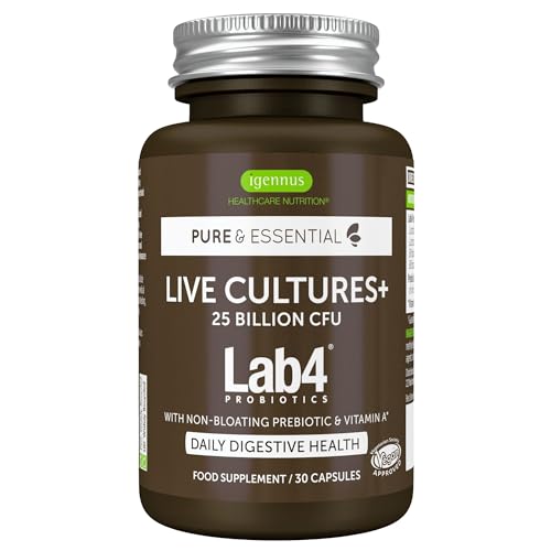 Igennus Probiotics & Prebiotics 2 in 1, Lactobacillus Acidophilus & Bifidobacterium, Live Cultures+ Lab4 for Gut Health, Guaranteed 25 Billion CFU, Bloating Relief, for Women & Men, 30 Vegan Capsules