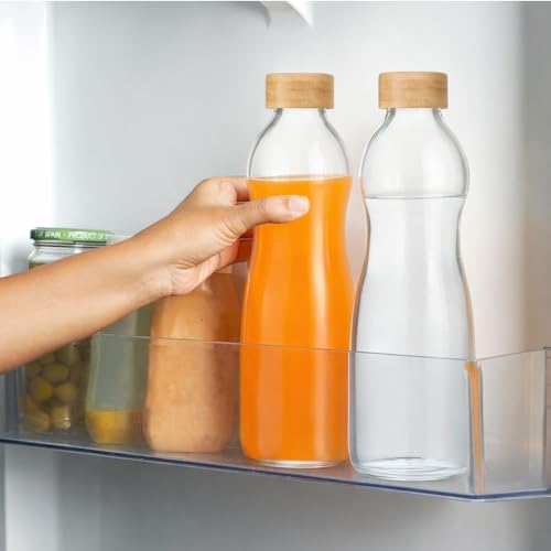 Image of Borosil 750ml Curve Bottle with Bamboo Lid | Borosilicate Glass Narrow Mouth Bottle for Fridge | Extreme Temperature Resistant For Hot & Cold Water, Milk, Lassi, Juice | Transparent