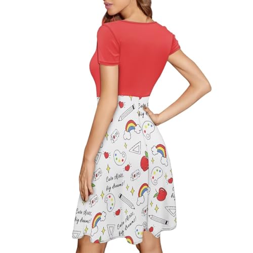 Allinterest Apple Pencil Print Teacher Dress for Women Work Short Sleeve Summer T-Shirt Dresses Round Neck Casual Midi Dress — view 5