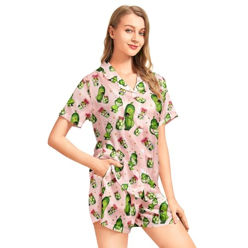 Image of Silk Satin Pajama Set for Women Summer Lounge Pjs Sets 2 Piece Suit Ladies Button Down Tops And Shorts Sleepwear