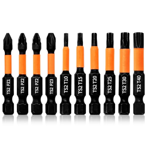 Hilpaty Jeu de 10 Embout Visseuse Torx et Pozidriv Longueur 50mm Bit de Tournevis à Aimanté Choc PZ1 PZ2*2 PZ3 T10 T15 T20 T25 T30 T40, Tige Hexagonale 1/4