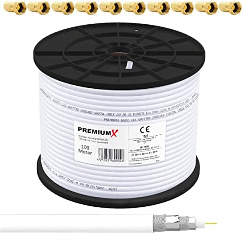 PremiumX BASIC Kabel koaksjalny 100m - Doskonały odbiór z 135dB czterowarstwową osłoną aluminiową - Zgodny z DVB-S/S2, DVB-C, DVB-T, instalacjami BK - Zawiera 10 złącz F