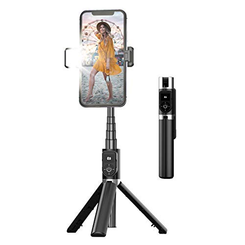 Tripé para selfies, bastão para selfies extensível e portátil, com controle remoto Bluetooth e luz d