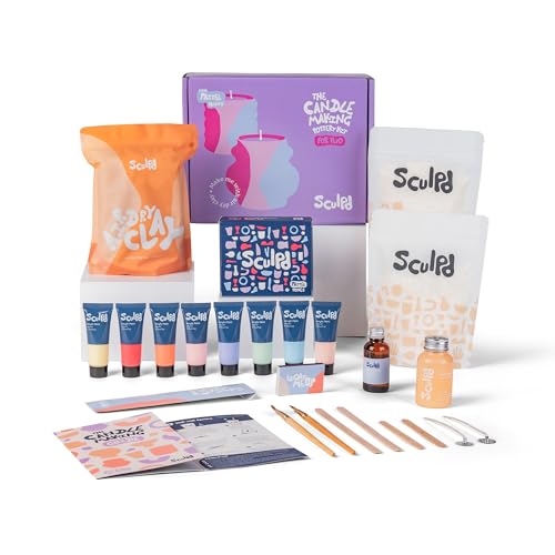 Sculpd Candle Making Pottery Kit for Adults with Air Dry Clay and Acrylic Paint Set, Non-Toxic Eco Soy Wax, Scented Fragrance Oil, Candle Glaze, Tools & Guide, 2 Candles, Peony Rose with Pastel Tones