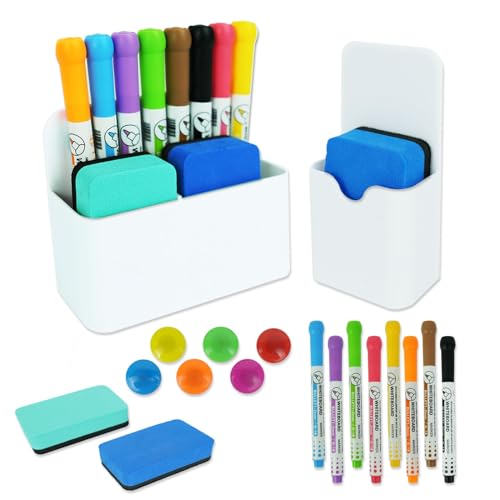 Morocket 18 Stück Whiteboard Zubehör mit 2 Stifthalter Magnetisch mit 2 Whiteboard Schwamm 8 Stifte Marker Stifthalter Magnetisch für Schule Kühlschrank Büro