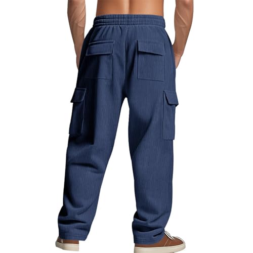 Men's Corduroy Casual Cargo Pants with Multi Pockets Trendy Relaxed Pant Drawstring Elastic Waist Athletic Trousers3